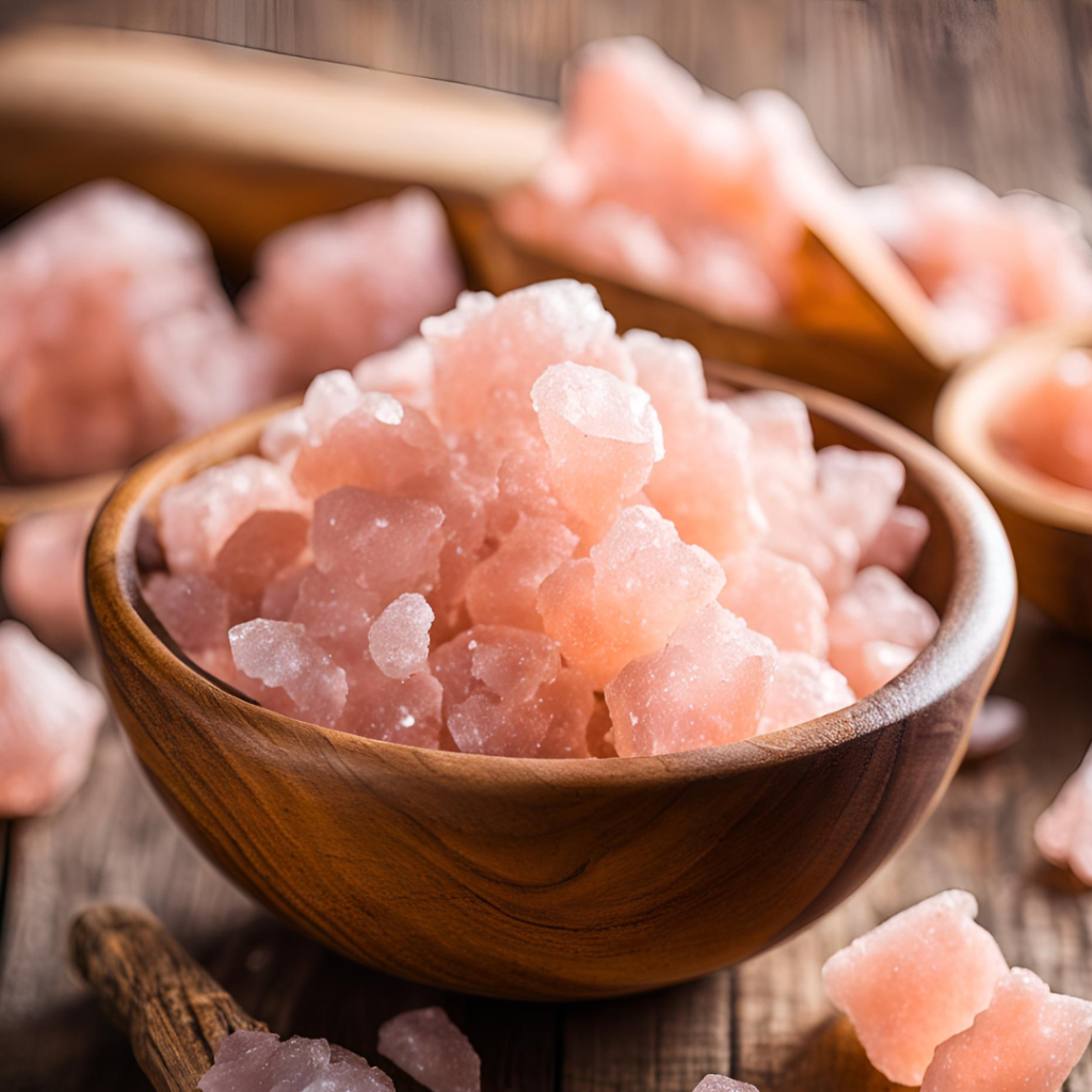 (Alt Text: Natural Himalayan Pink Salt crystals in a wooden bowl.)